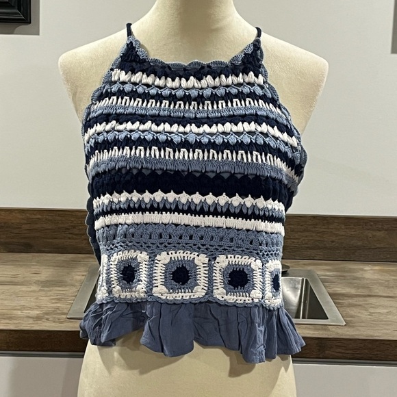 Lucky Brand Navy and White Crochet Crop halter top size XXL - Picture 4 of 9